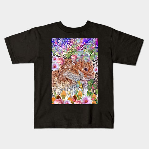 Cute whimsical hamster hammie in flower garden Kids T-Shirt by FineArtMaster